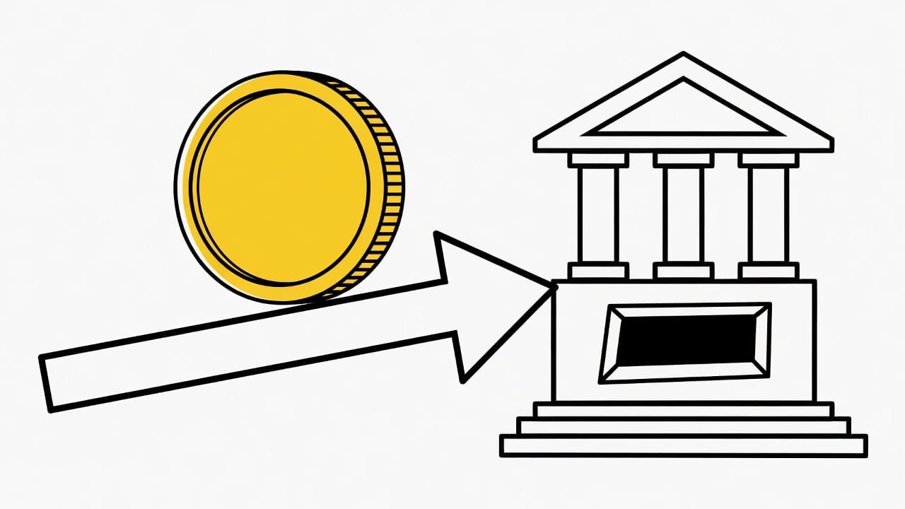 Illustration: a coin moving along an arrow into a bank deposit slot