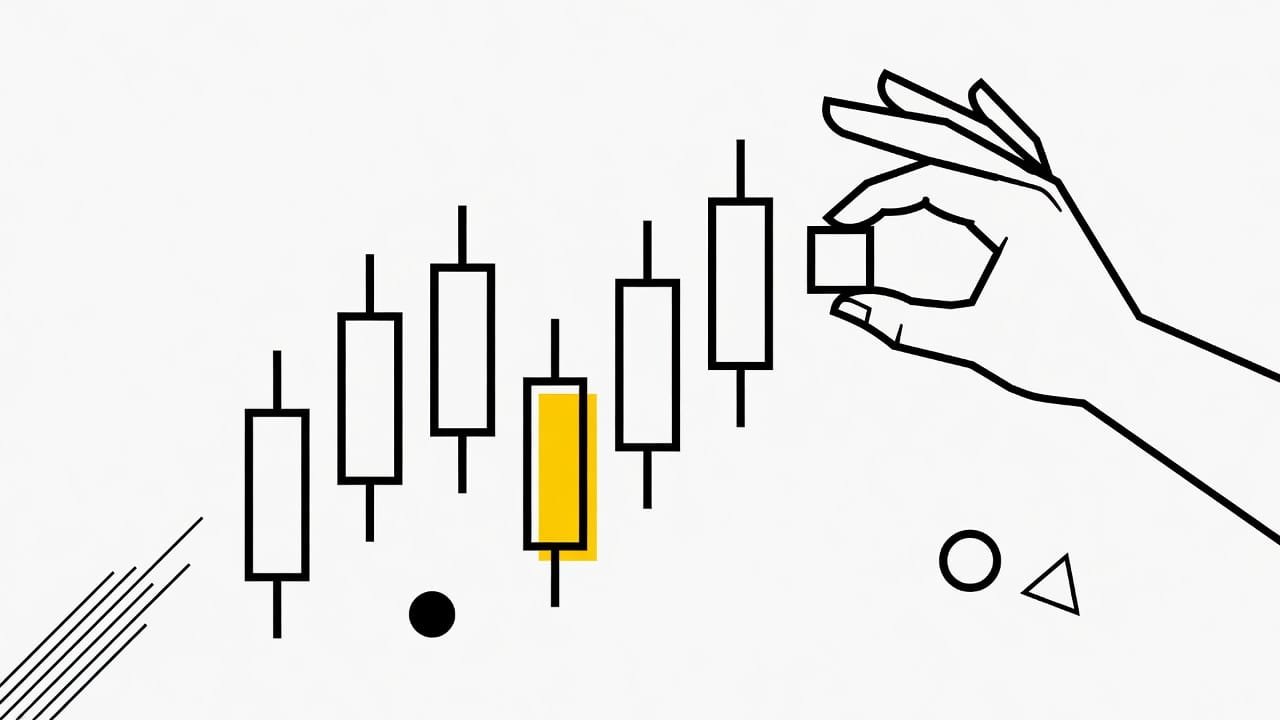 Illustration: a hand placing a small order block onto a candlestick chart with one yellow candle