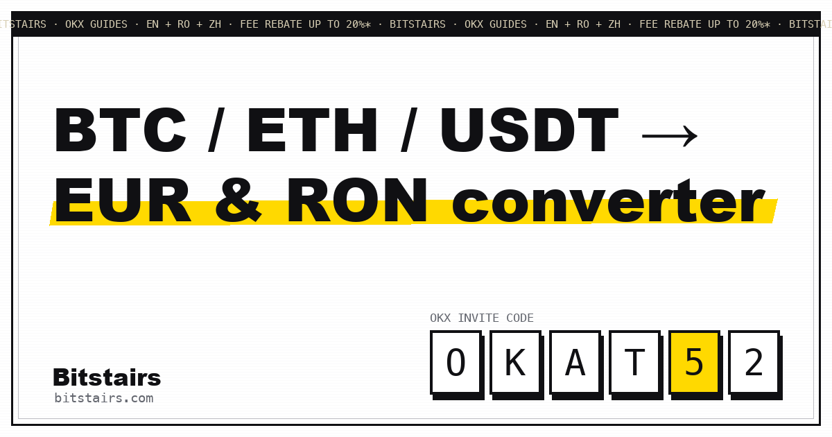 Line illustration of a euro coin and a Romanian leu coin next to a crypto coin with conversion arrows